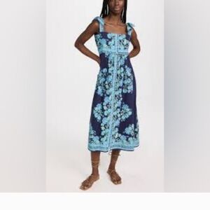 Juliet Dunn Navy and Light Blue Floral Midi Dress Size 1 Small